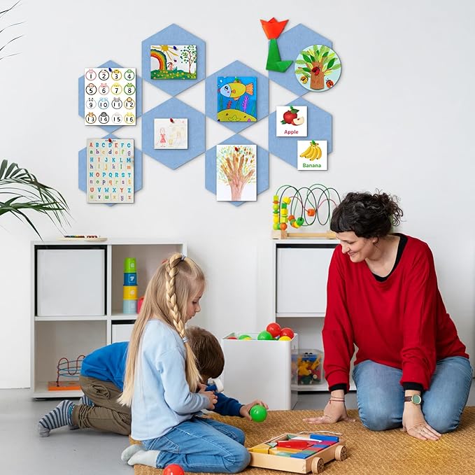 8-Pack Hexagon Felt Cork Board, 1/2" Thick Felt Bulletin Pinboard with 80 Push Pins, Adhesive Tabs, Geometric Cork Wall Tiles for Photos, Memos, Home & Office Decor (Sky Blue)