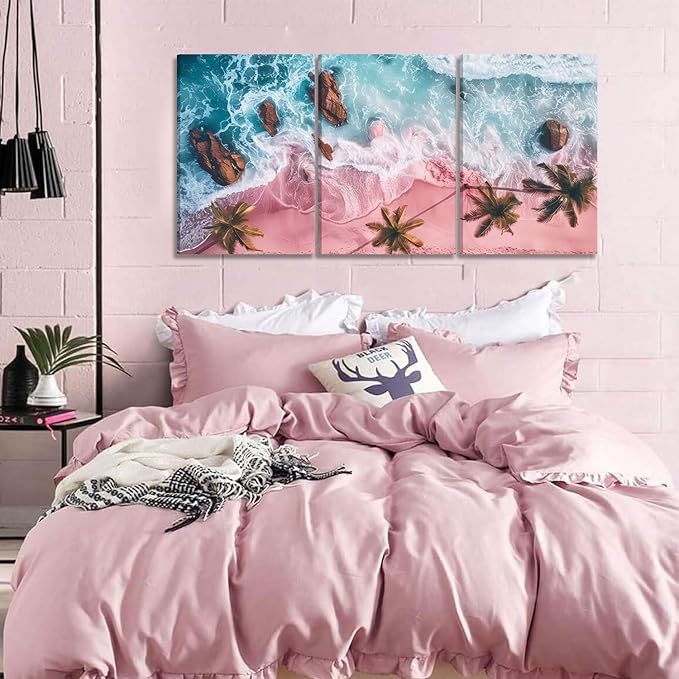 3Pcs Pink Beach Canvas Wall Art Tropical Coastal Palm Trees Wall Decor Pictures Preppy Ocean Wave Landscape Posters Prints for Living Room Bedroom Teen Girls Room Artwork Home Decoration Unframed