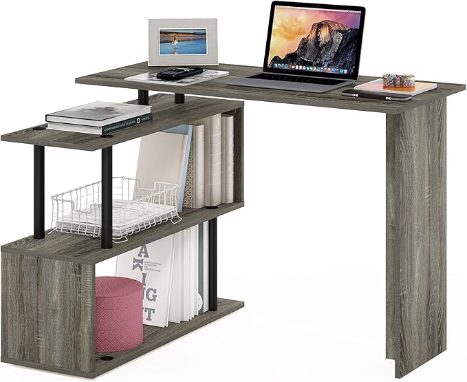 Furinno Moore L-Shape Computer Desk with 3-Tier Shelves, French Oak