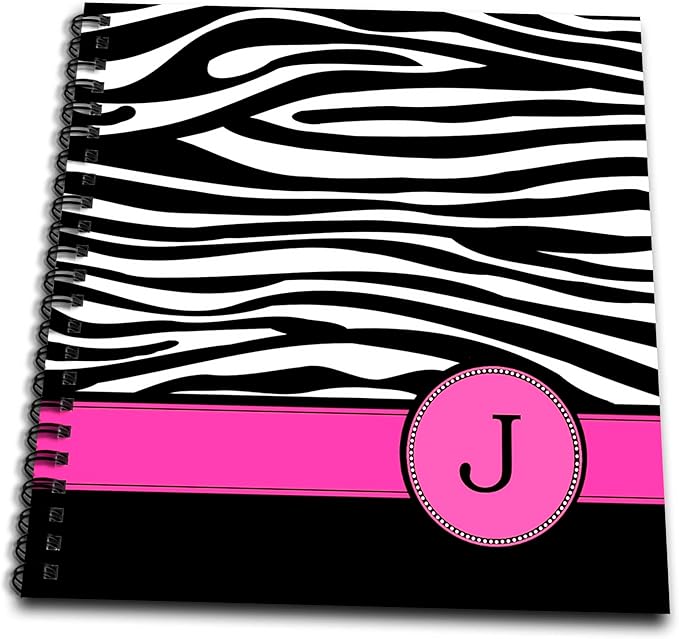 3dRose Letter J Monogrammed Black and White Zebra Stripes Animal Print with Hot Pink Personalized Initial-Drawing Book, 8 by 8" (db_154281_1)