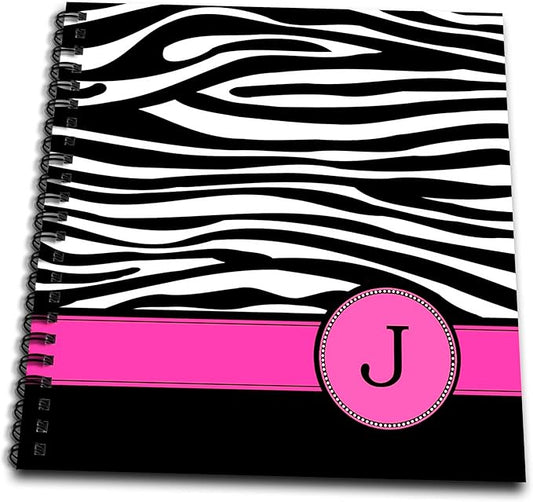 3dRose Letter J Monogrammed Black and White Zebra Stripes Animal Print with Hot Pink Personalized Initial-Drawing Book, 8 by 8" (db_154281_1)