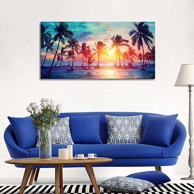 DZL Art S75550 Canvas Wall Art Palm Trees Silhouettes On Tropical Beach At Sunset Beach Seascape Painting Nature Pictures for Living Room Home Office Wall Decor Artwork