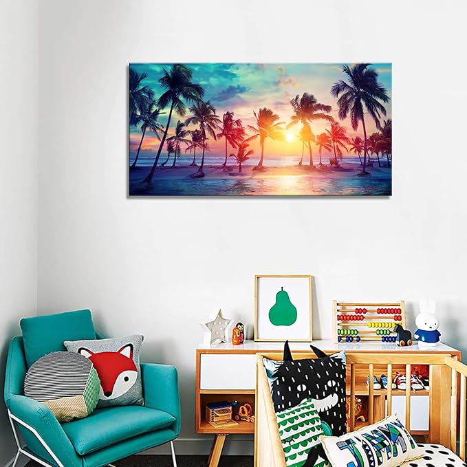 DZL Art S75575 Canvas Wall Art Palm Trees Silhouettes On Tropical Beach At Sunset Beach Seascape Painting Nature Pictures for Living Room Home Office Wall Decor Artwork