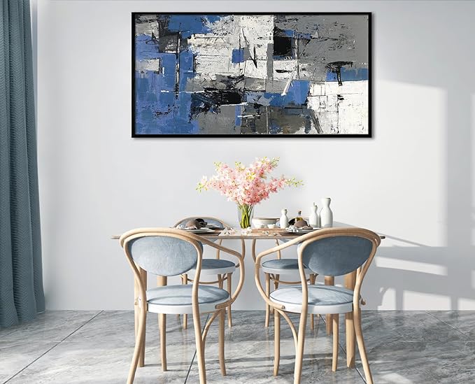 Blue Abstract Canvas Wall Art - Large Textured Wall Art Paintings for Living Room, Modern Blue and Black Artwork Gray Pictures for Bedroom Office Wall Decor 24" x 48"(Framed)