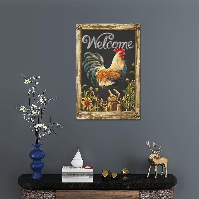yerretin Farmhouse Rooster Wall Art Rustic Farm Chicken Pictures Wall Decor Country Canvas Painting Modern Artwork Home for Kitchen Bathroom Living Room Bedroom Office Framed 16"x24"