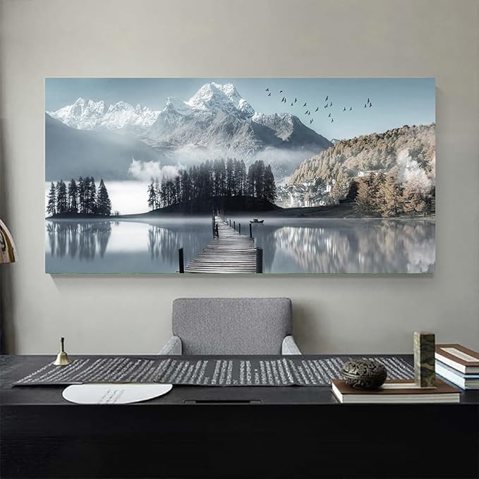 Bamdeya Large Canvas Wall Art Lake Pictures Mountain Wall Decor Nature Landscape Print Scenery Painting Tree Poster Office Artwork for Bedroom Wall Decor Living Room Home Decoration