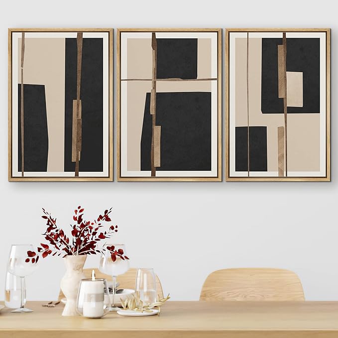 SIGNFORD Framed Canvas Print Wall Art Set Mid-Century Black Polygon Squares Abstract Shapes Illustrations Modern Art Bohemian Nordic Relax/Calm for Living Room, Bedroom, Office - 24"x36"x3 Natural