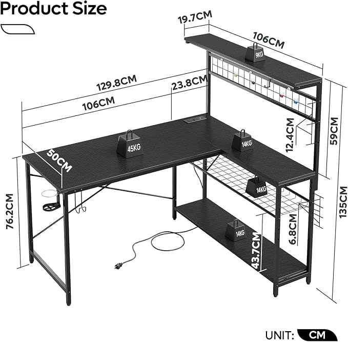 Bestier Gaming Desk 51" L-Shaped, with Power Outlets & LED Lights- 4 Tier Shelves, Reversible Gamer Table with Hooks & Cup Holder for Home Office Carbon Fiber Black