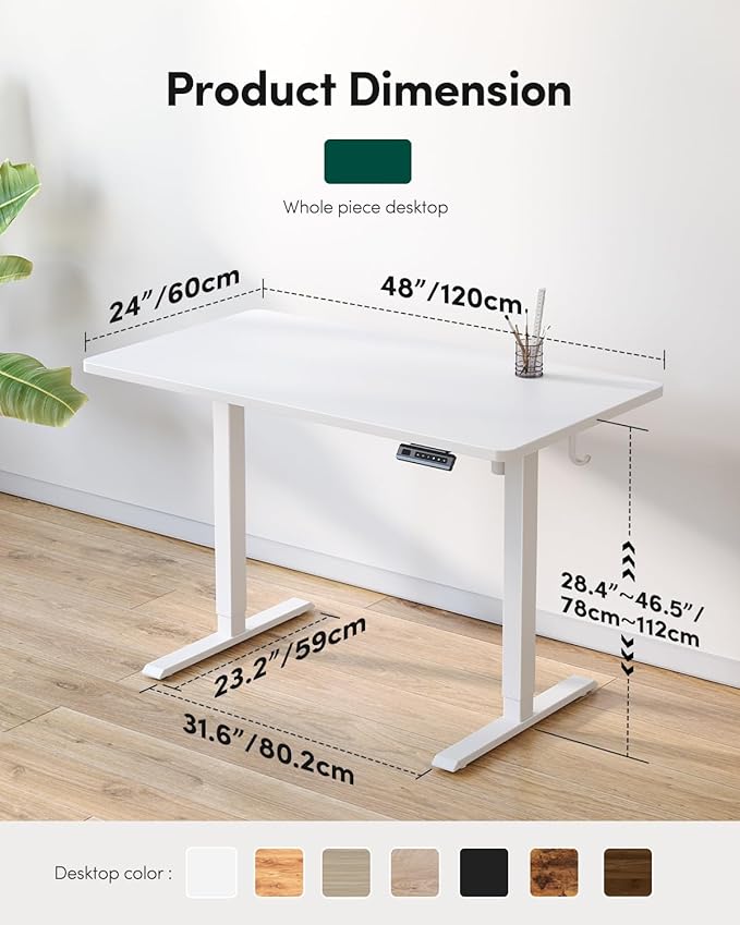 CubiCubi 48 x 24 Large One-Piece Standing Desk, Adjustable Height Electric Computer Home Office Sit Stand up Workstation, with 4 Memory Presets, Headphone Hook, White