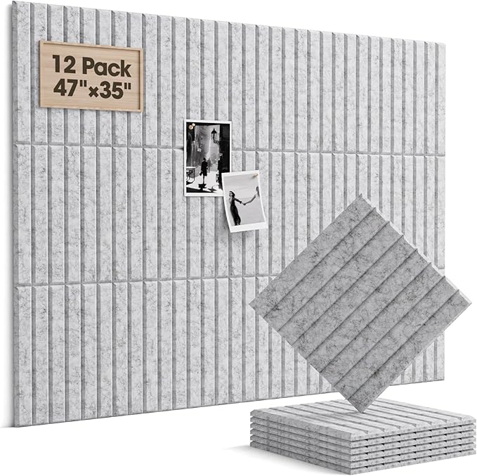 Soundsbay Large Cork Board, 47"x35" Slat Bulletin Board Alternative, 12-Pack Cork Boards for Walls, 60 Adhesive Tabs, Felt Wall Tiles for Home Office Classroom Pin Board