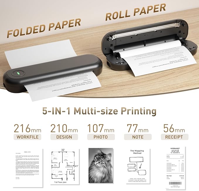 Bisofice A4 Portable Thermal Printer Wireless&USB Connect with Mobile Computer 50mm/56mm/77mm/107mm/210mm/216mm(2in/3in/4in/8in/8.5in) US Letter A5 Paper Size for Office School