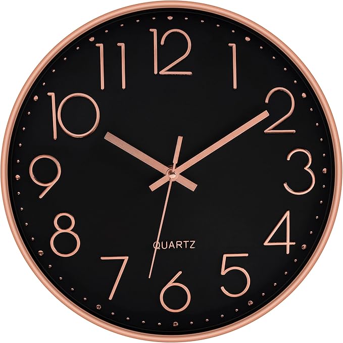 Foxtop Modern Wall Clock 12 Inch Non-Ticking Silent Battery Operated Round Quartz Rose Gold Wall Clock for Office Bedroom Living Room Kitchen Home School Decor (Black Dial)