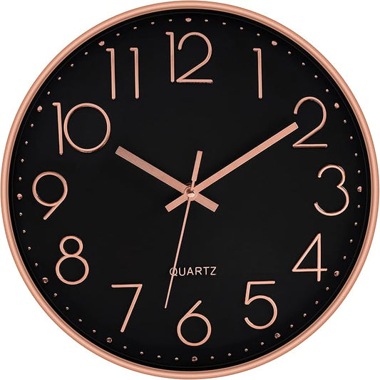 Foxtop Modern Wall Clock 12 Inch Non-Ticking Silent Battery Operated Round Quartz Rose Gold Wall Clock for Office Bedroom Living Room Kitchen Home School Decor (Black Dial)