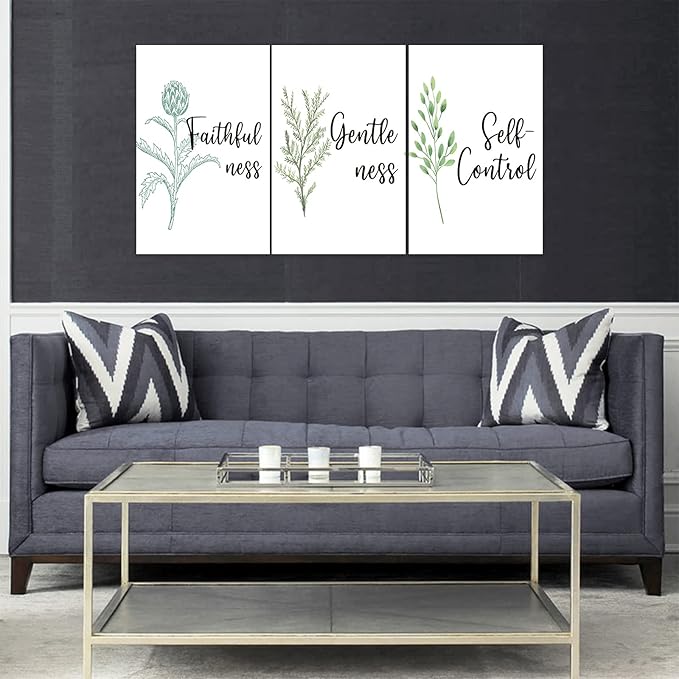 3 Piece Inspirational Wall Art, White Plant Background Picture, Quote "Faithfulness Gentleness Self-control" Canvas Print for Home Decor, Stretched And Framed Artwork for School Wall Decor(72"Wx36" H)