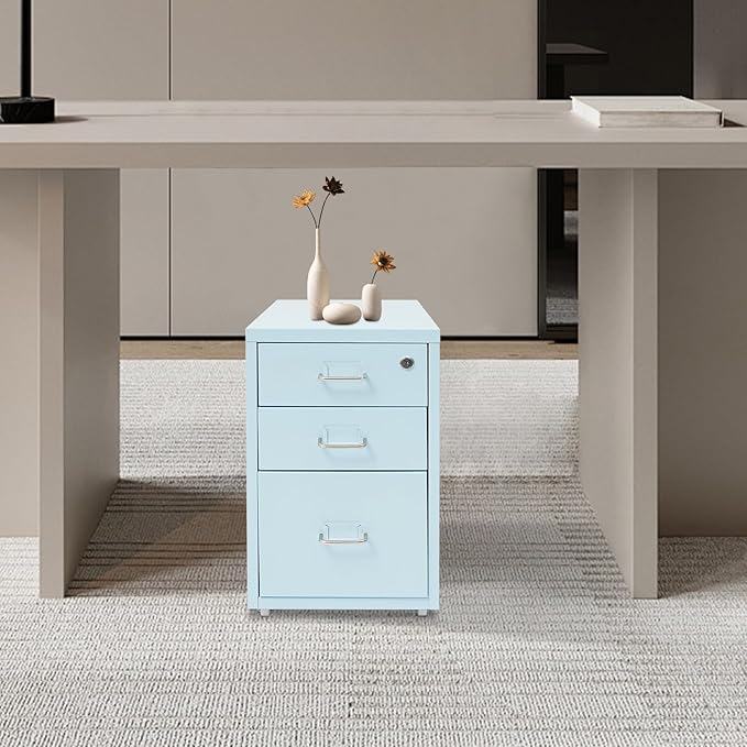 3 Drawer File Cabinet with Lock Vertical Filing Storage Cabinet Home Office Metal Vertical File Cabinets for Letter Legal A4 File Size, Assembly Required (Blue, 3 Drawer)