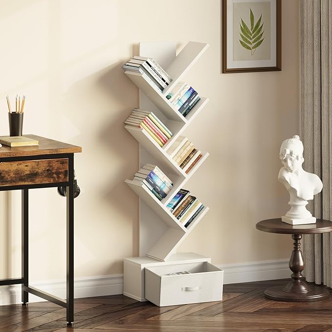 Rolanstar 7 Tier Bookshelf with Drawer, Tree Bookshelf, Small Bookshelves with Storage Rack for CDs/Movies/Books, Standing Book Shelf, Tall Narrow Bookcase for Living Room, Bedroom, White