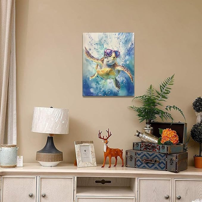 Sea Turtle Bathroom Decor Funny Turtle Ocean Bathroom Wall Art Sea Turtle Nautical Pictures Prints Turtles Gift Painting Sea Turtles Framed Artwork for Bedroom Living Room 16"x20"