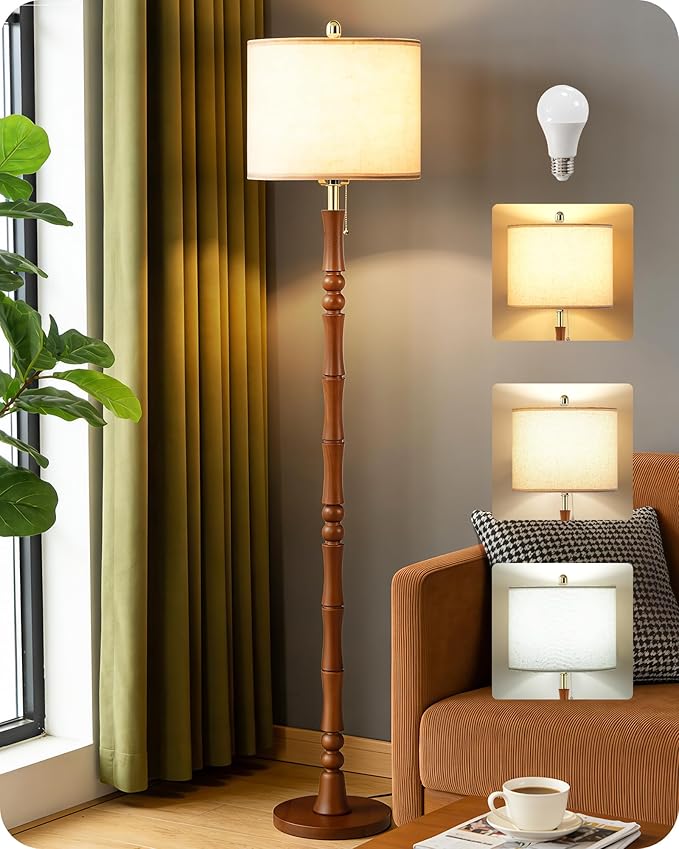 65" Solid Wood Floor Lamps for Living Room with Adjustable Color Temperatures, Farmhouse Floor Lamp with Pull Chain Switch, Tall Standing Lamp for Bedroom, Dining Room, Rustic Brown VE26LD05