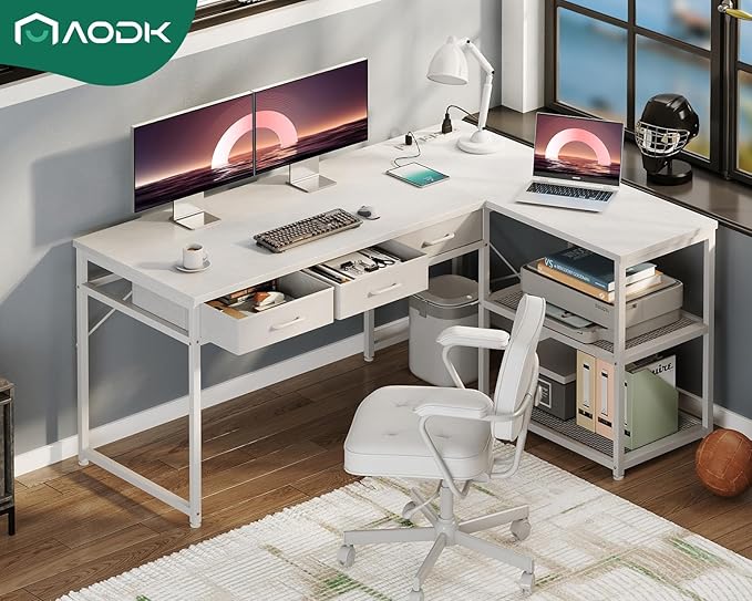 AODK 53 Inch L Shaped Computer Desk with Drawers, Corner Desk with Power Outlets & Reversible Storage Shelves, for Home Office Gaming, White