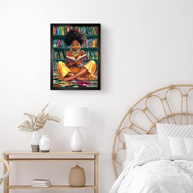African American Wall Art Framed Black Girl Wall Art Colourful Black Girl Reading Book Pictures Canvas Prints Artwork for Bedroom Living Room Bathroom Home Decor 12x16 Inch