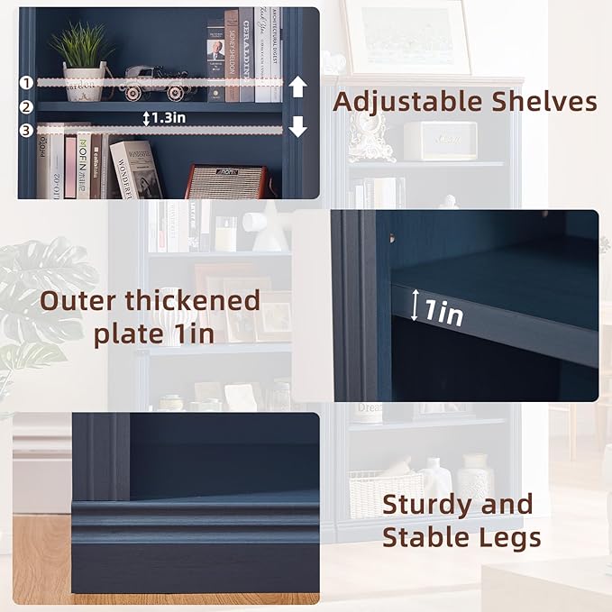 70" Blue Tall Bookshelf Set of 3,5-Tier Thick Wooden Book Shelf with Adjustable Shelves,Free Standing Farmhouse Bookcase with Open Display Storage,Floor Vintage Bookshelves for Living Room