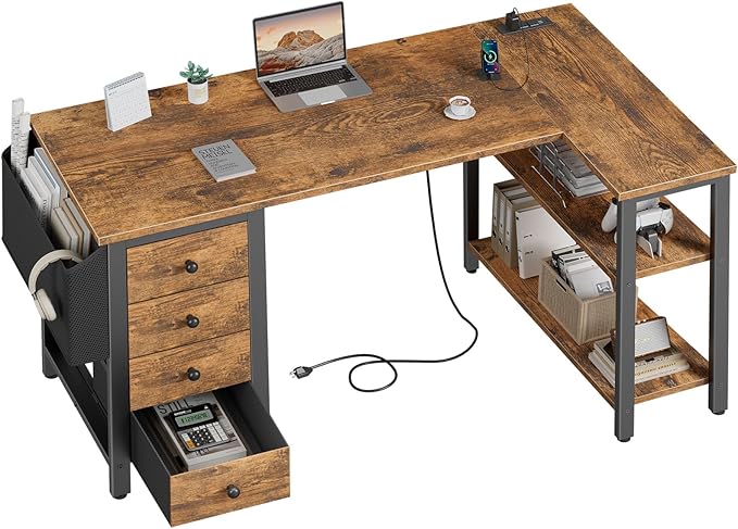 DLisiting L Shaped Computer Desk with Drawers - 47 Inch Corner Office Reversible Desk with Storage Shelves Power Outlet, Home Office Desks L-Shaped with Fabric Drawer for Teen Girls, Rustic Brown