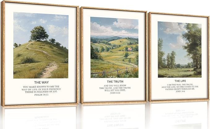 Christian Bible Framed Canvas Wall Art Set,Jesus Verse Vintage Wall Decor,Nature Scripture Landspaces Art Prints,Religious Artwork for Living Room,Dining Room,Farmhouse-12 x16 x3