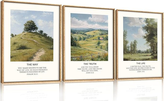 Christian Bible Framed Canvas Wall Art Set,Jesus Verse Vintage Wall Decor,Nature Scripture Landspaces Art Prints,Religious Artwork for Living Room,Dining Room,Farmhouse-12 x16 x3