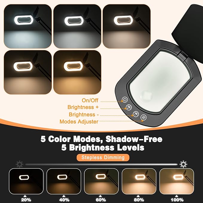 Magnifying Glass with Light and Clamp, 15X 10X Desk Rectangle Magnifying Lamp with Dust Cover, 5 Color Modes, 84 LED Lighted Magnifier Hands Free, Table Lamp with Touch Button for Repair Crafts Hobby
