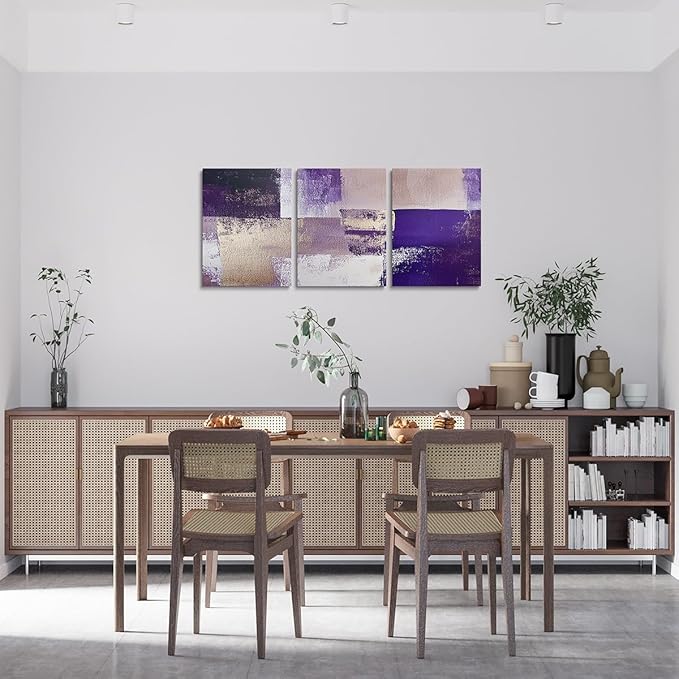 jejeloiu 12"x16"x3pcs Abstract Oil Painting Office Decorations Artwork Posters Abstract Art 3 Piece Canvas Wall Art for Living Room Bedroom Purple Modern Picture Wall Decor