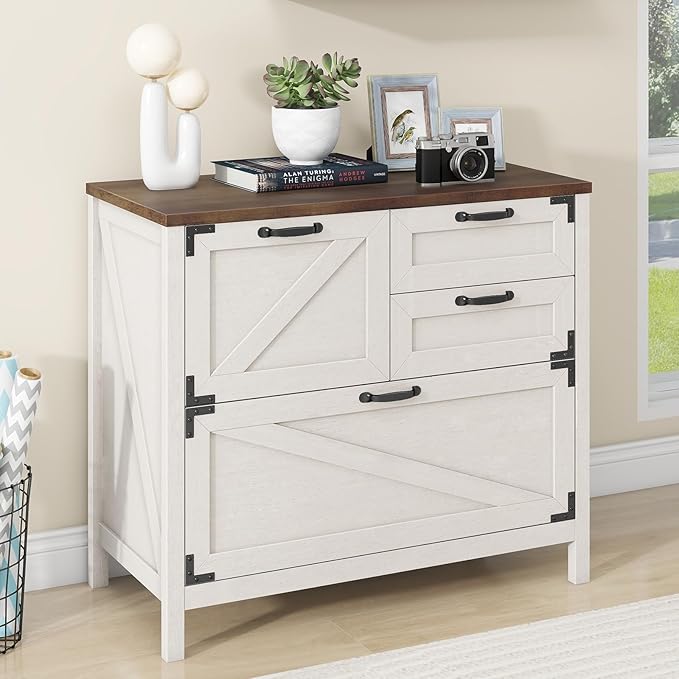 Vabches Lateral File Cabinet, Farmhouse 4 Drawer File Cabinet for Letter/Legal/A4 Size Hanging Files, Large Wood File Storage Cabinets Printer Stand for Home Office, Rustic White