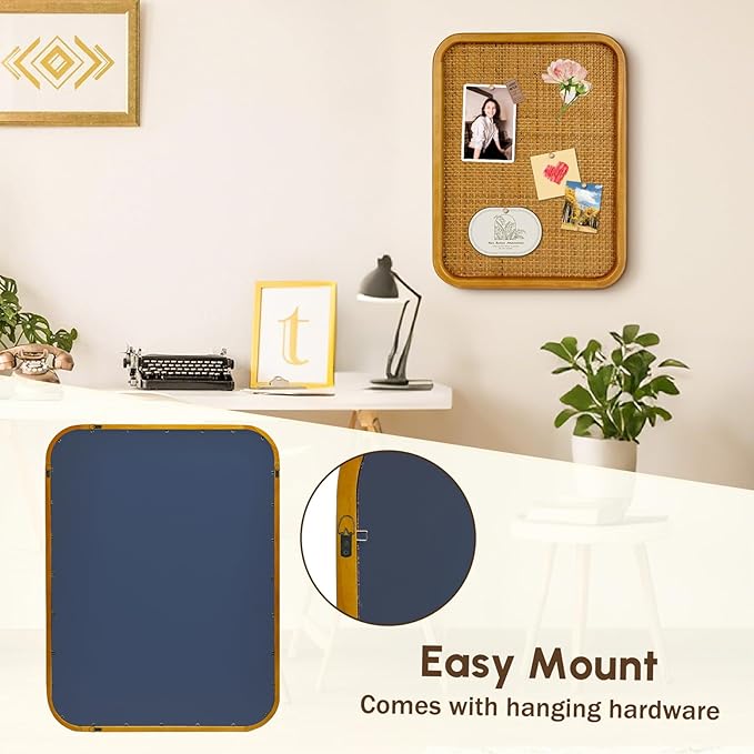 13" x 17" Bulletin Board, Round-Edged Rectangle Cork Board，Wooden Frame with Boho Style Rattan Wall Organizer,3343Teng