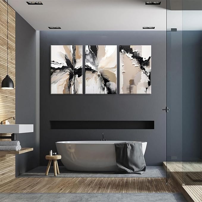LYPHNX Framed Black and Brown Abstract Geometric Canvas Wall Art Modern Grey White Beige Print Poster Set of 3 Painting Terracotta Brush Strokes Picture Home Decor for Bathroom Bedroom Office 12"x16"