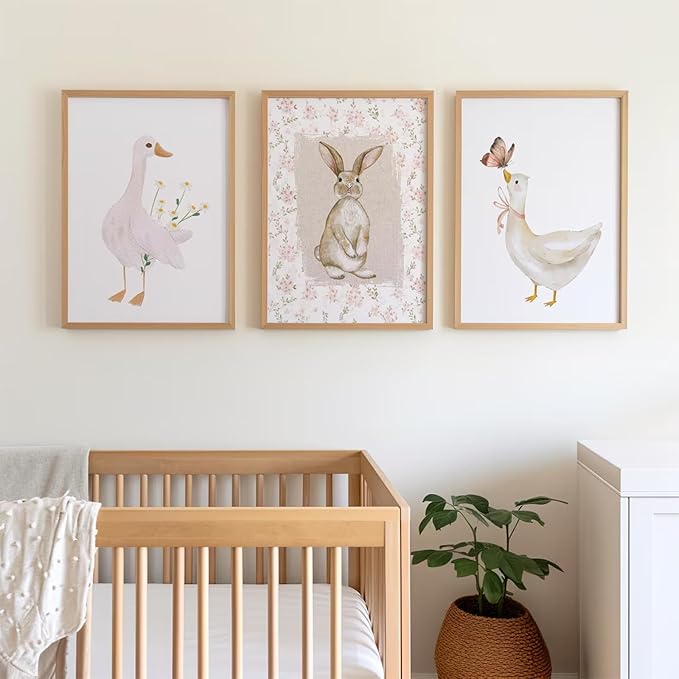 Vintage Nursery Wall Art Goose Canvas Poster Coquette Wall Decor Baby Girl Painting Kids Poster Bunny Rabbit Prints Cute Animal Pictures Duck Artwork for Bedroom Living Room 12x16x3 Inch Unframed