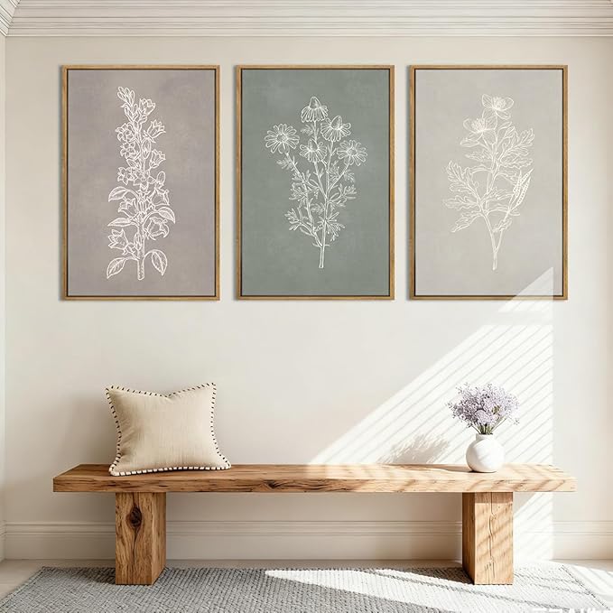 ANHUIB Neutral Botanical Wall Art, Rustic Farmhouse Floral Paintings,Vintage Minimalist Boho Flower Wall Decor 16x24 Inch Plants Set of 3 for Living Room Bedroom
