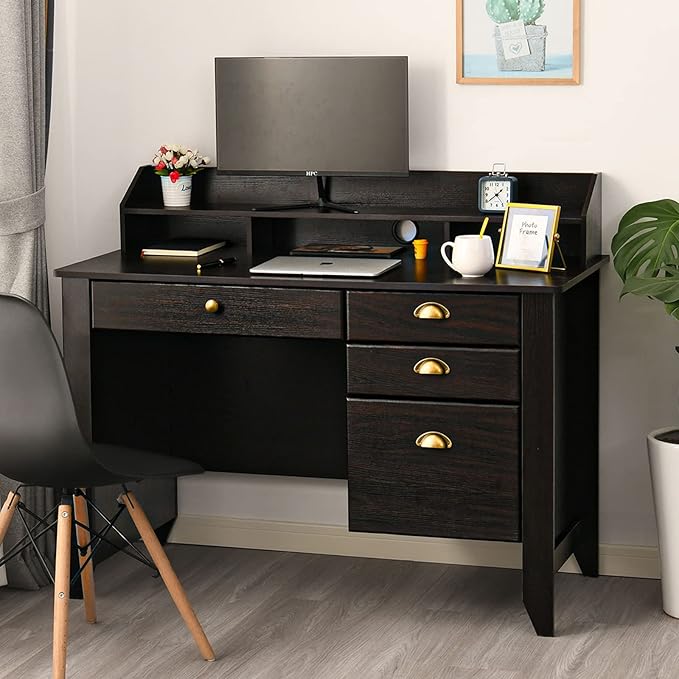 Catrimown Home Office Desk with Drawers and Hutch, Small Computer Desk with File Drawers, Writing Study Teens Student Desk for Bedroom, Student Girls Desks with Storage Shelves, Espresso Brown