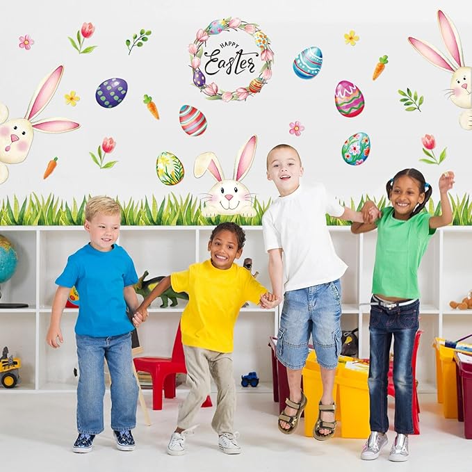 Vintage Easter Bulletin Board Set Happy Easter Classroom Decorations with Grass Border Trim Colorful Bunny Egg Cutouts for Spring Classroom Home Party Wall Decor