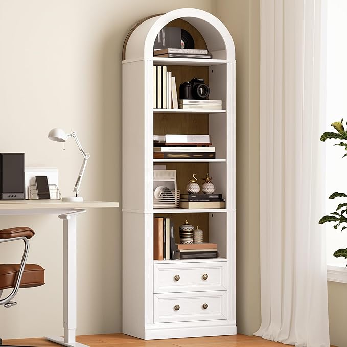 Tall Narrow Bookshelf, Arched Bookshelf with 2 Drawers, 7-Tier Farmhouse Arch Bookcase, Wooden Book Shelf with Open Display Shelves for Office, Living Room, Kitchen, White and Walnut