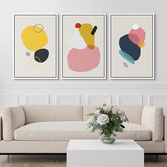 SIGNFORD Framed Wall Art Print Set Yellow, Pink, Black & Blue Transparent Blots Abstract Shapes Digital Art Modern Art Contemporary Colorful for Living Room, Bedroom, Office - 24"x36"x3 White