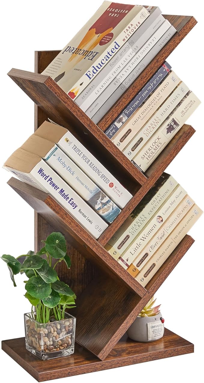YMYNY Tree Bookshelf, 4-Tier Book Storage Organizer Shelves,Rustic Brown, HBC014H