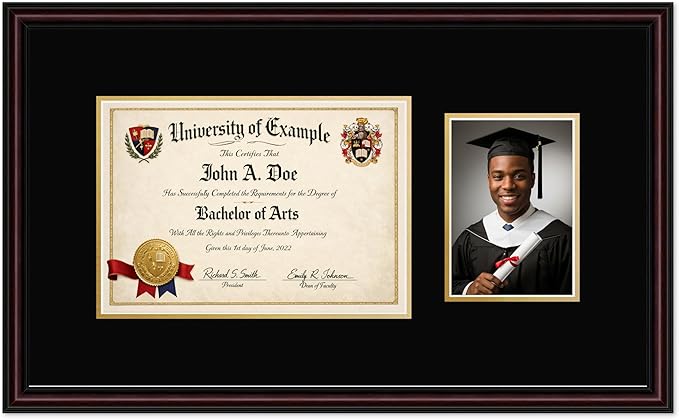 CountryArtHouse Fits 11.69 x 8.27 A4 Certificate and 5 x 7 Photo Diploma and Photo Frame Executive Brown Genuine Hardwood with Black Over Metallic Gold Double mat