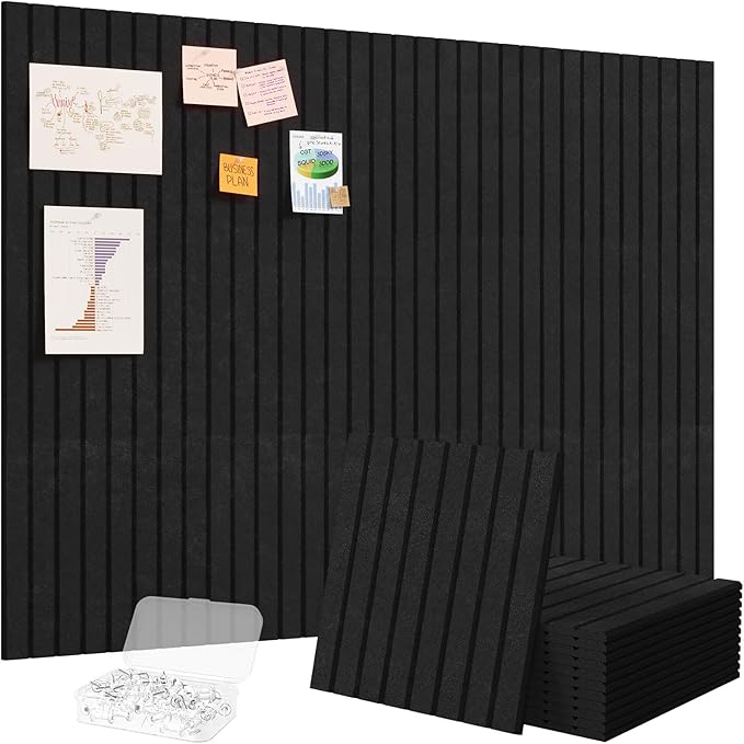Lifewit Felt Slatted Bulletin Board with Self-Adhesive, 48"x 36"-12 Pack Cork Board Alternative, Pin Board Vision Board Message Board with 50 Pushpins for Office Decor, Room Decor, Black