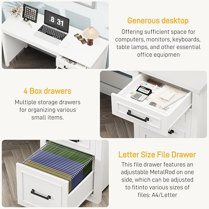 Vabches Farmhouse 49” Executive Desk with File Drawer, 4 Drawers Reversible Computer Desk with Storage, Rustic Home Writing Workstation for Home Office, Cream White