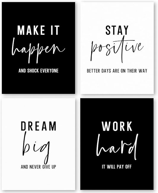 QLMX Office Inspirational Wall Art Prints Set of 4, Motivational Postive Prints Wall Decor for Office Women Men, Positive Affirmations Quotes Poster for Home 8”x10” Unframed