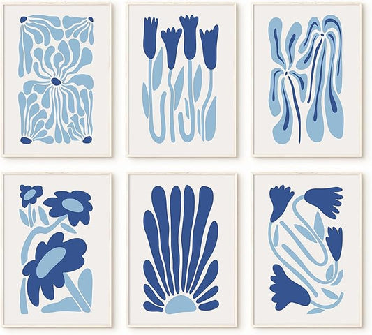 Youillne Matisse Flower Wall Art Prints Blue Abstract Wall Decor Aesthetic Canvas Wall Art Picasso Gallery Posters Matisse Preppy Pictures Flower Paintings for Bathroom 12x16 Inch Unframed Set of 6