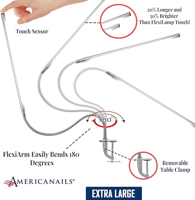 Americanails FlexiLamp Touch XL - LED Table Desk Lamp - Removable Clamp - Adjustable Lighting for Nail Stations - Manicure Table Light - Flexible Arm – 3 Brightness Levels - Touch Sensor - 400 Lumens