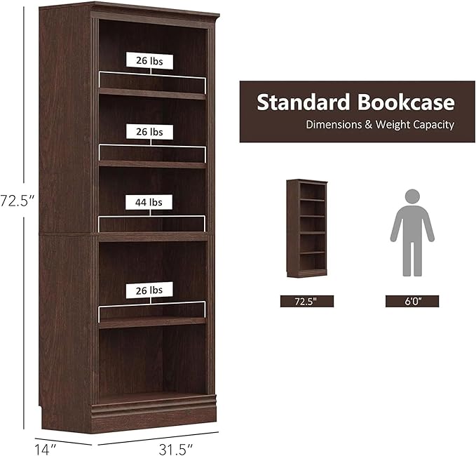 JAHRSTIM Halston Standard Bookcase, Adjustable Storage Open Display Shelving Unit for Home and Office Space, 31.49”L x 13.77”W x 72.8”H, Dark Cherry