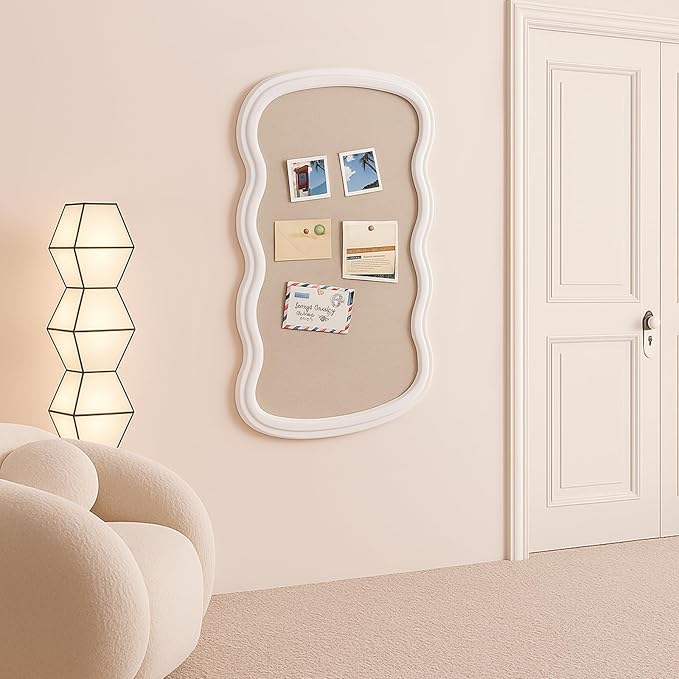Vintage Framed Pin Board Linen Display Bulletin Board Large Cork Fabric Picture Photo Pinboard Memo Ornate Decorative Pinboard Ornate for Wall Gift(Wavy,24" X 36",Creamy White)