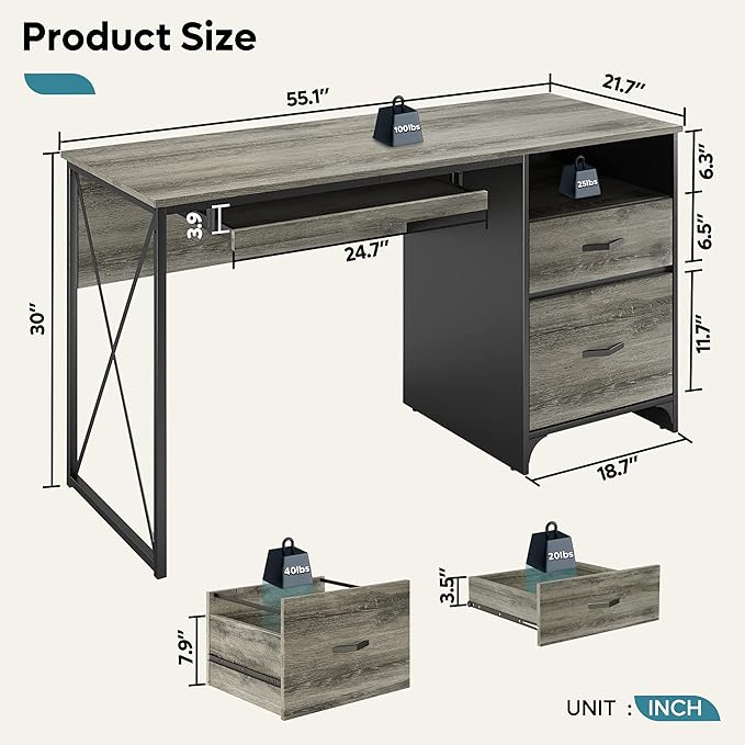 Bestier Office Desk with Drawers, 55 inch Industrial Computer Desk with Storage, Wood Teacher Desk with Keyboard Tray & File Drawer for Home Office, Dark Gray Oak