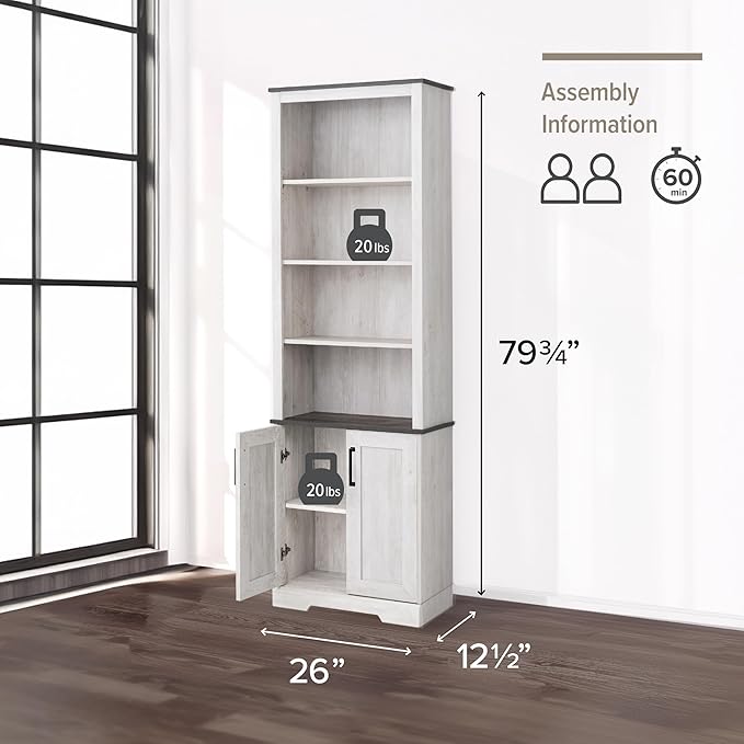 Prepac Rustic Ridge Bookcase with Doors, Washed White Storage Cabinet with Doors and Shelves, Accent Cabinet 26" W x 79.75" H x 12.5" D, ASBR-1630-1